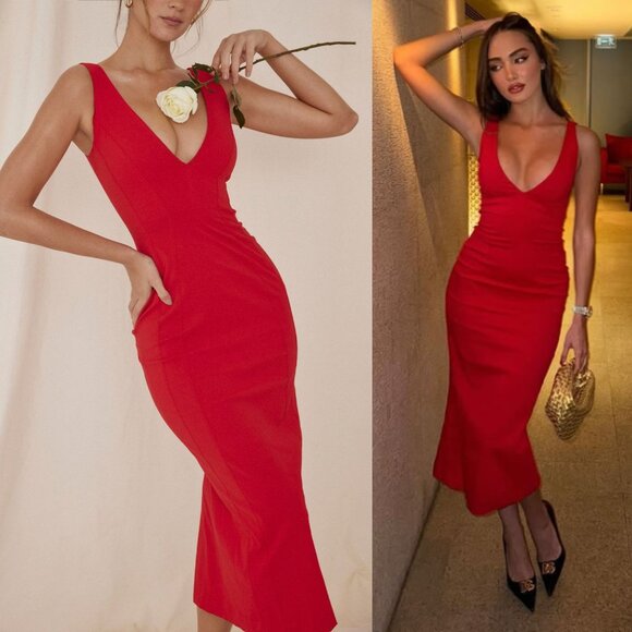 House of CB Dresses & Skirts - House of CB Cece Red‎ Rose Plunge Bodycon Midi Dress Back Split Size S